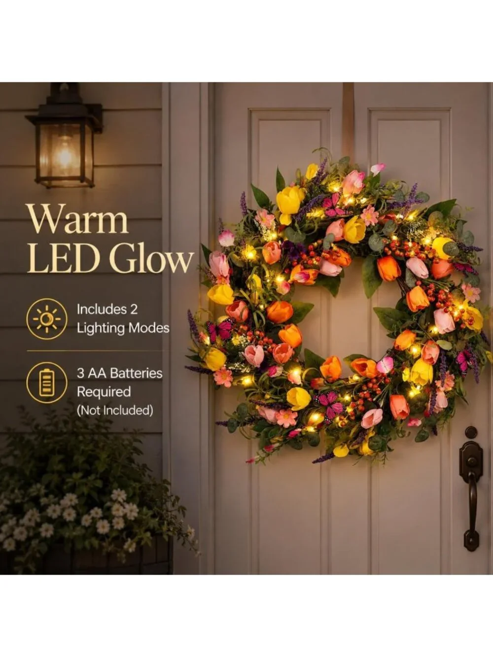 24-Inch Spring Tulip Wreath with Lights & Butterflies for Indoor/Outdoor Decor